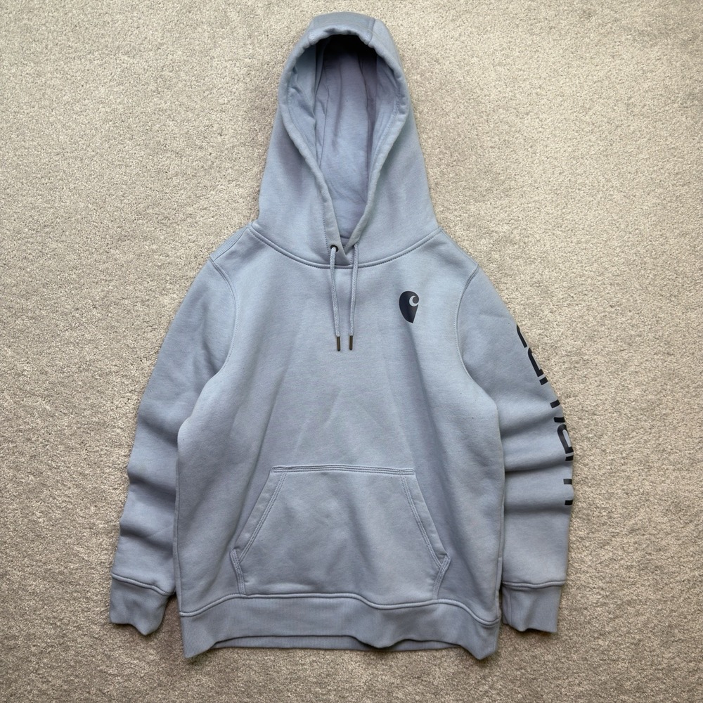 Carhartt Womens L 12-14 Clarksburg Hoodie Alpine Blue Heather Sleeve Logo 102791